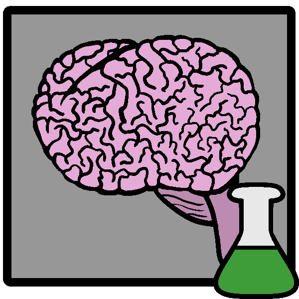 A pink brain in a frame with a green beaker in the corner.